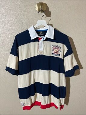 Vintage Guinness Embroidered Rugby Polo Shirt Men Blue White Short Sleeve Size L
